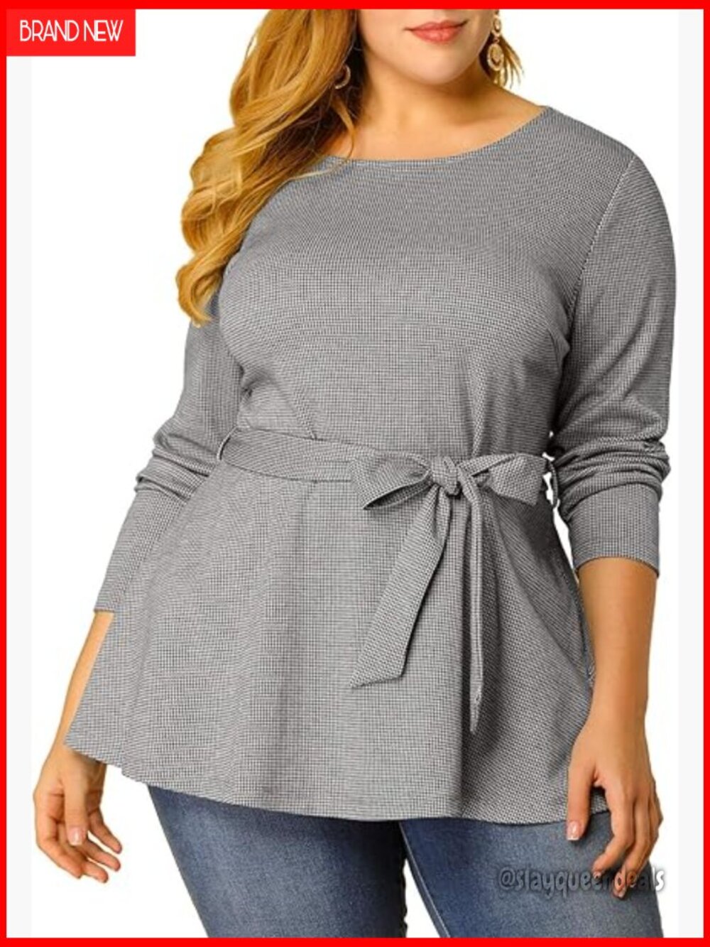 Plus Size Peplum Tunic Blouse Tie Waist Long Sleeve Houndstooth Work Shirt
